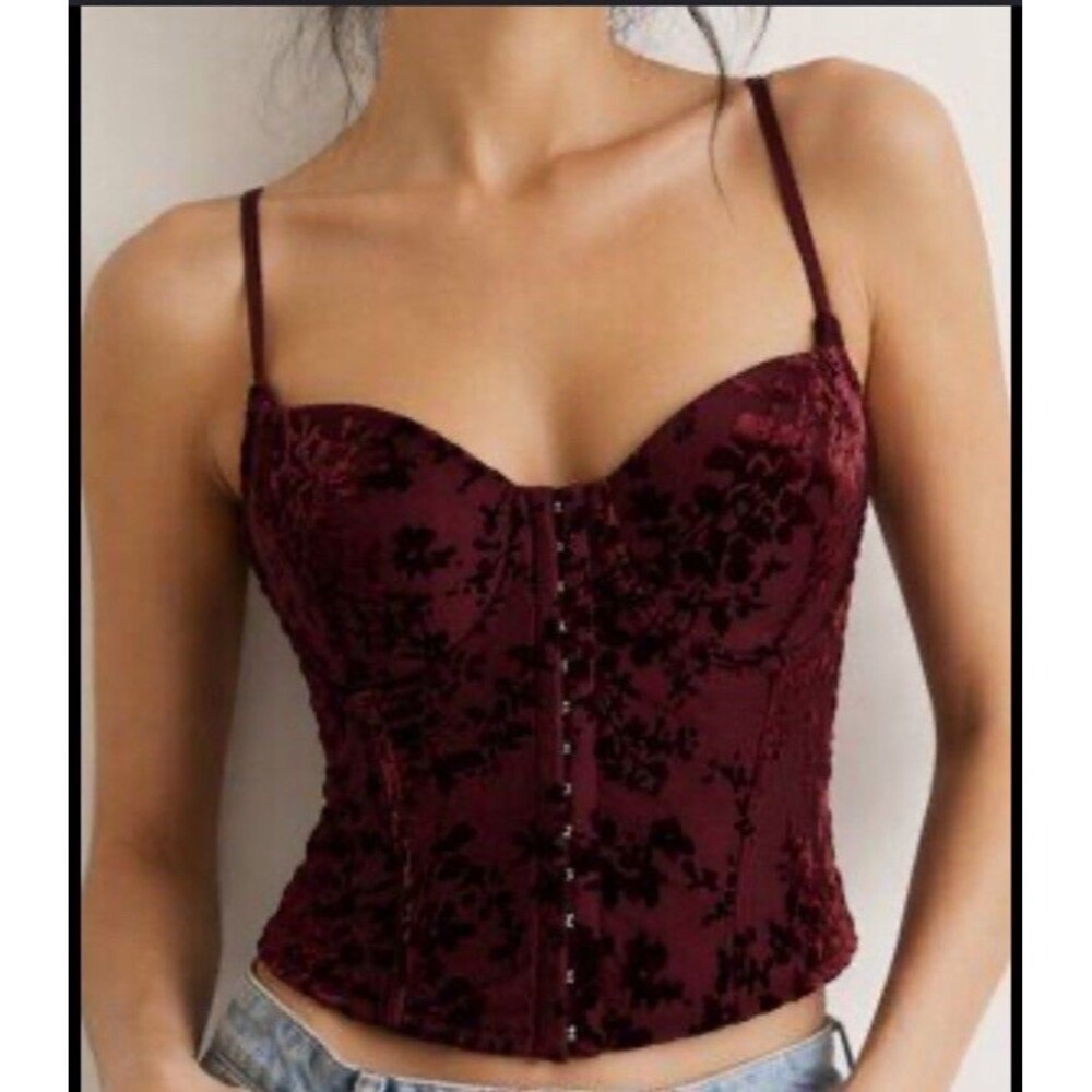 Lulus Burgundy Red Velvet Burnout Corset Top Whimsigoth Bustier Medium New